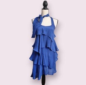 Blue Lightweight Racerback Tiered Flowy Ruffle Mini Dress w/Scarf